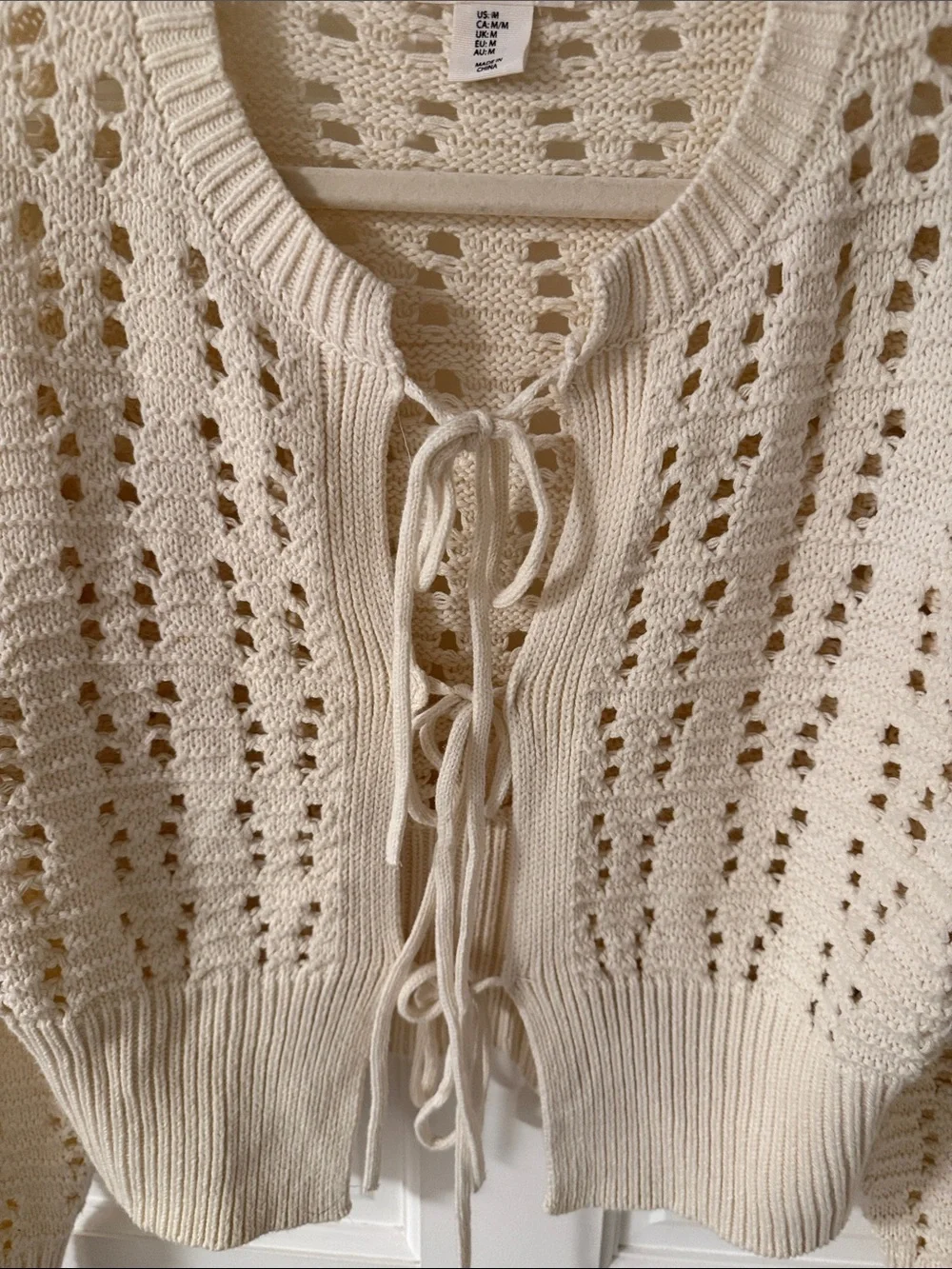Jessica Simpson Cream Open Knit Tie-Front Cropped Cotton Blend Cardigan Medium